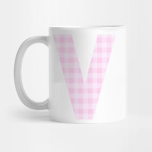 Pink Letter V in Plaid Pattern Background. Mug